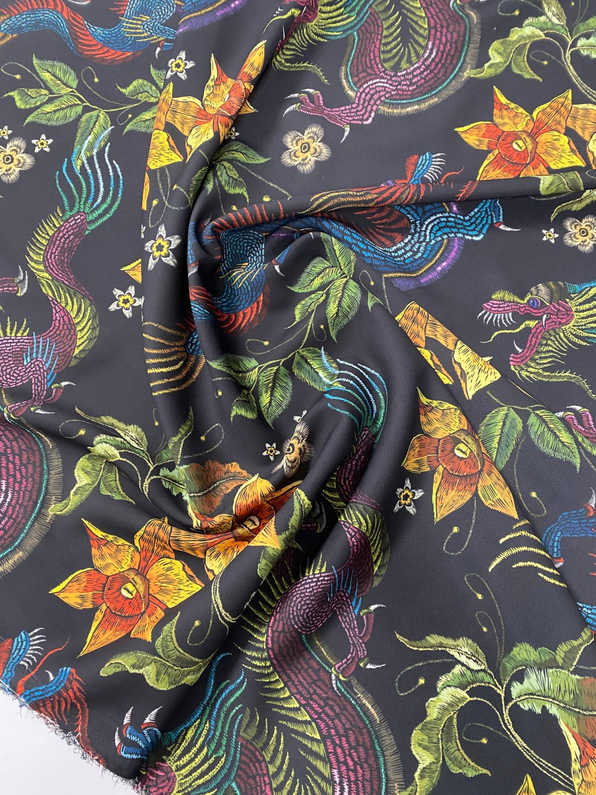 Dragon & Floral Print Crepe Fabric by the Metre – Bold Design - Whotex Fabrics London