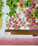 Floral & Baroque Crepe Fabric by the Metre – Pink Green Gold pattern with ruler for scale, ideal for elegant fashion projects.
