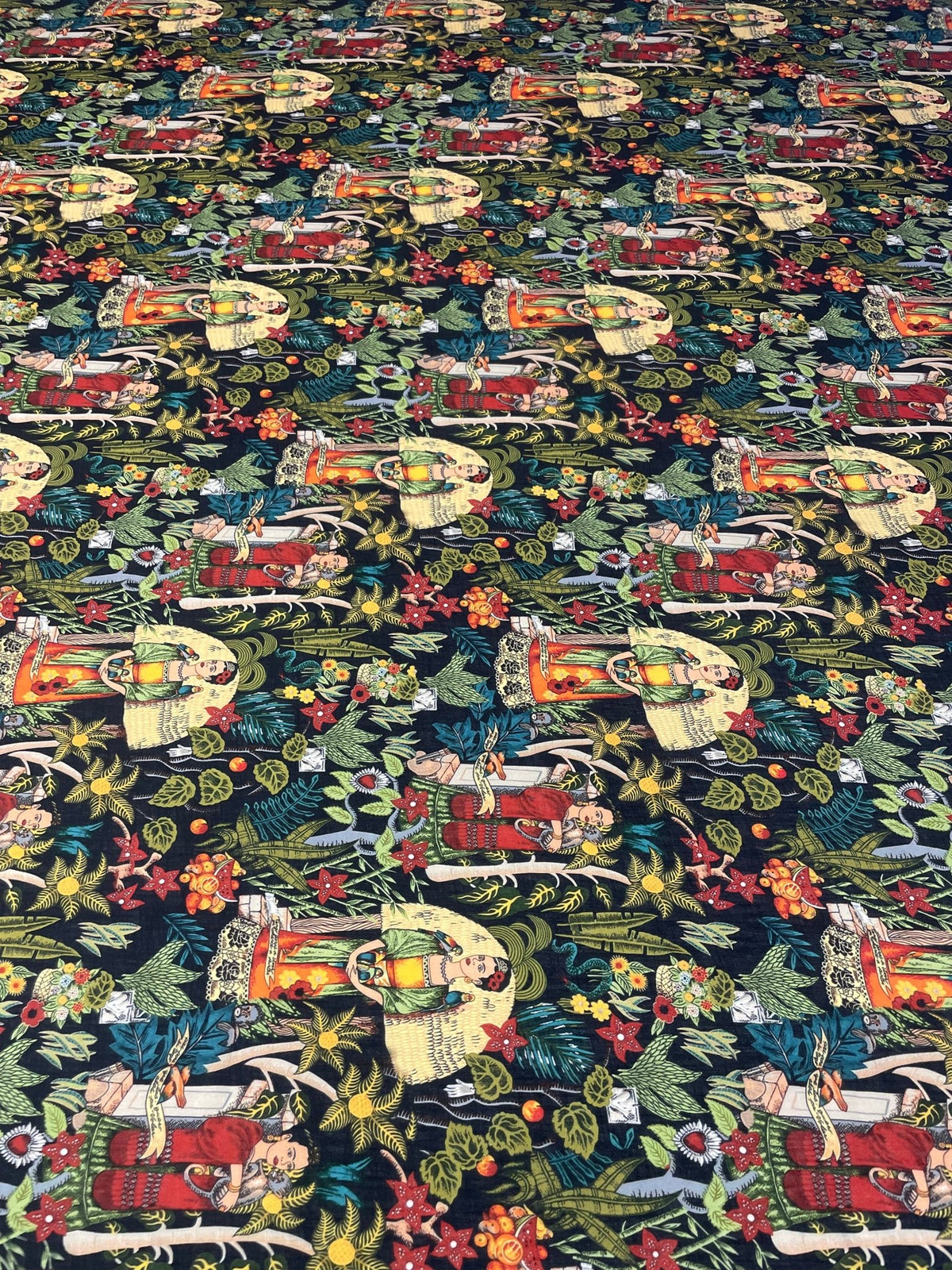 Frida Kahlo Tropical Black Background Fabric by the Metre - Whotex Fabrics London