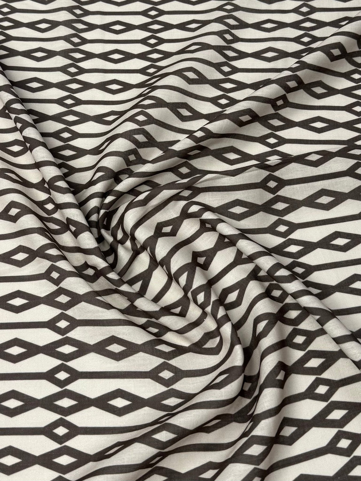 Geometric Diamond Fabric – Black & Beige Minimal Print by the Metre - Whotex Fabrics London