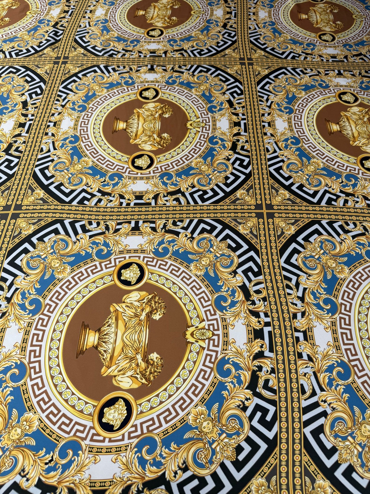 Gold Blue Baroque Satin Fabric by the Metre - Whotex Fabrics London