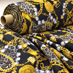 Gold Chain, Leopard, and Pearl Print on Black Background Fabric by the Metre - Whotex Fabrics London