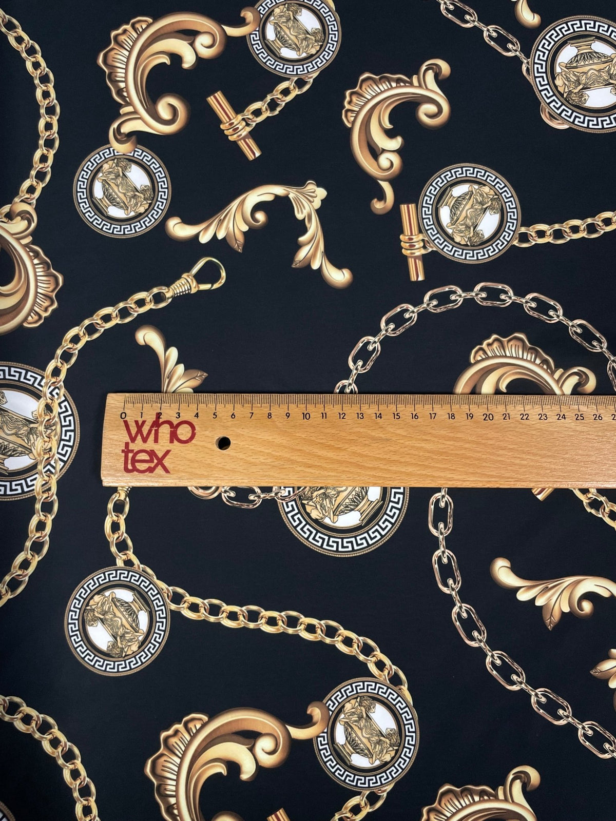 Gold Chain & Medallion Crepe Fabric by the Metre – Luxury - Whotex Fabrics London