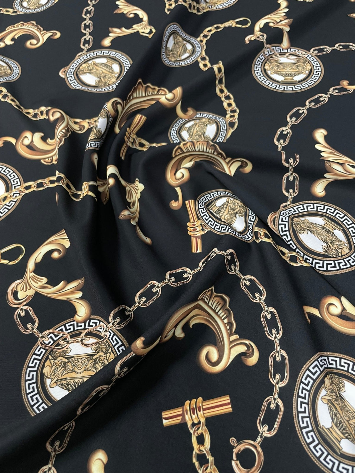 Gold Chain & Medallion Crepe Fabric by the Metre – Luxury - Whotex Fabrics London