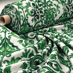 Green Baroque Print Poly Linen Fabric by the Metre - Whotex Fabrics London