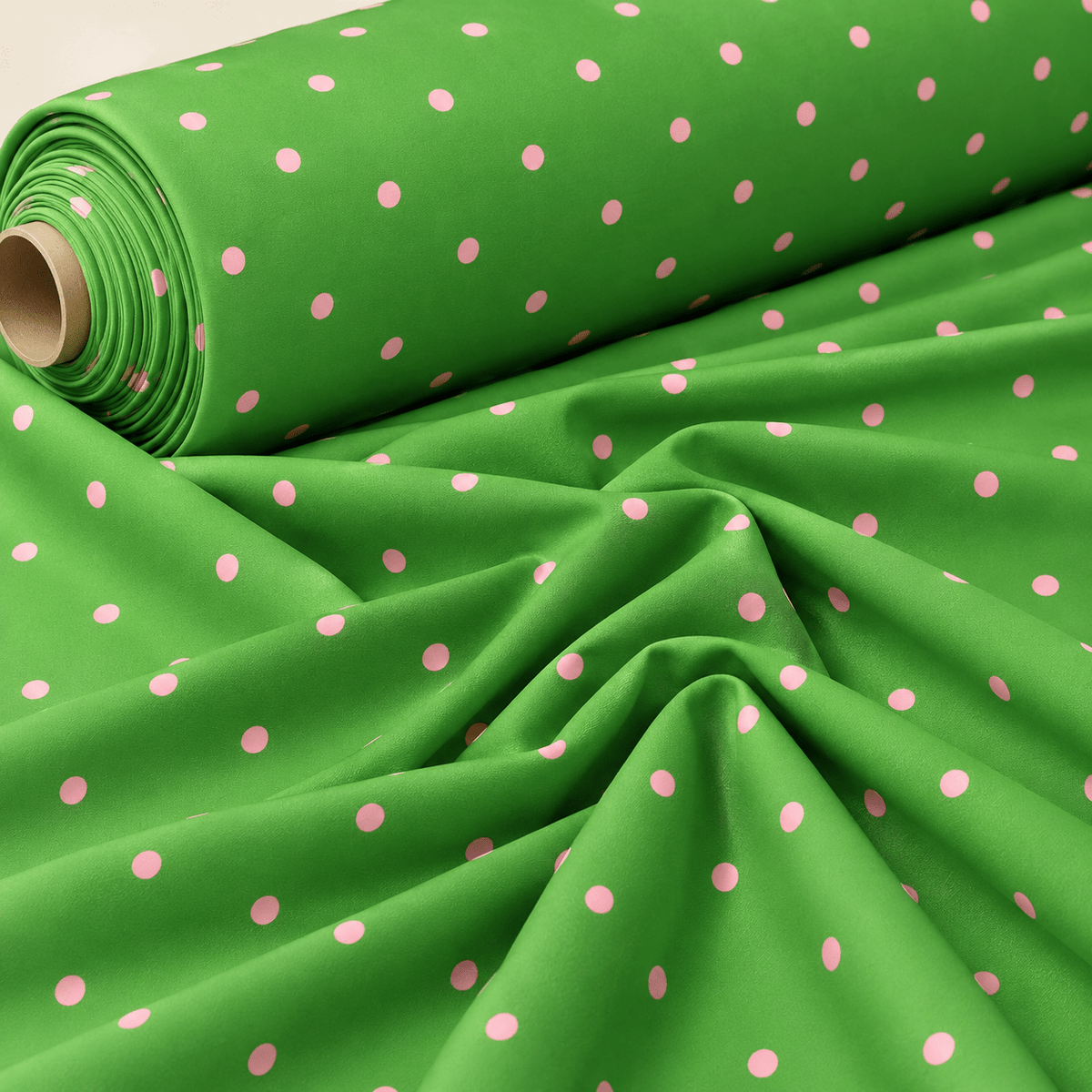 Green & Pink Polka Dot Satin Fabric by the Metre - Whotex Fabrics London