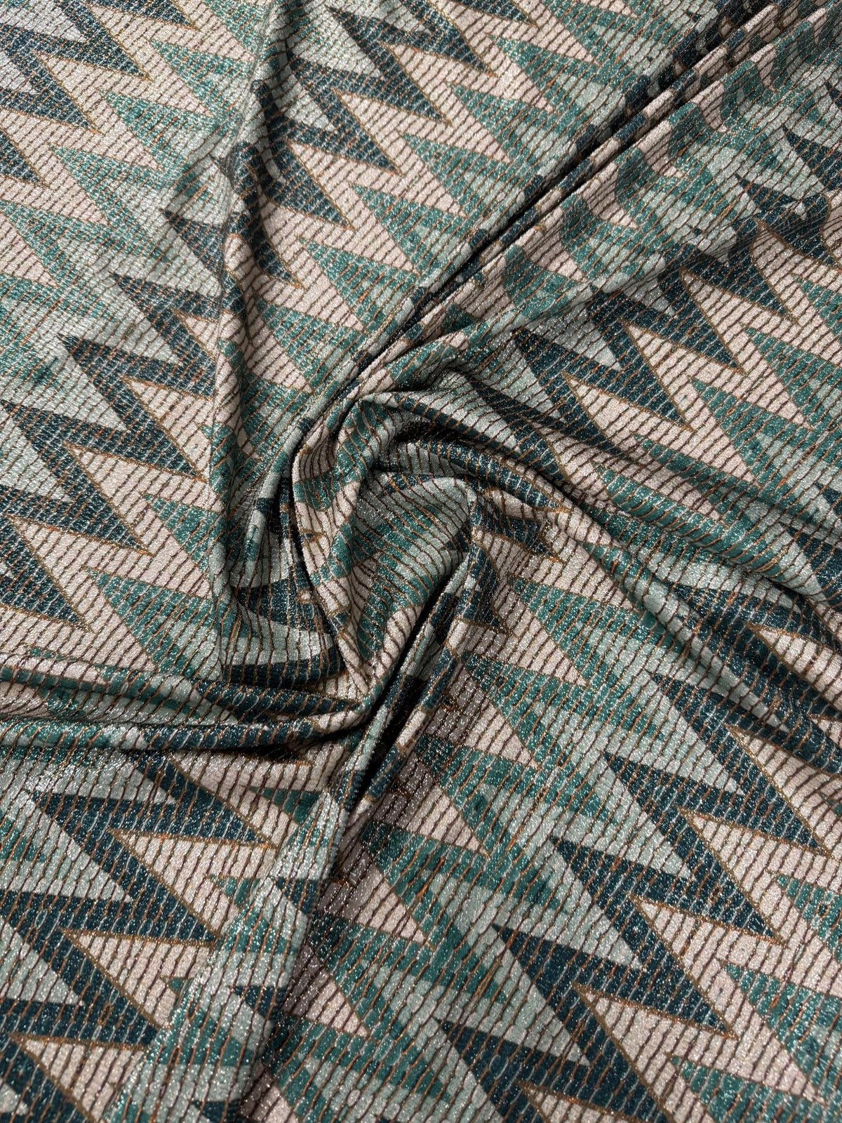 Green Zigzag Pattern Gold Lurex Fabric - Whotex Fabrics London