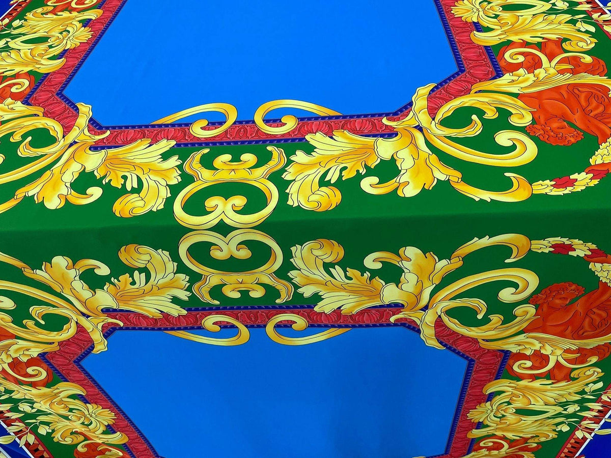 Baroque silky crepe fabric with vibrant blue, green, red, and gold ornate pattern
