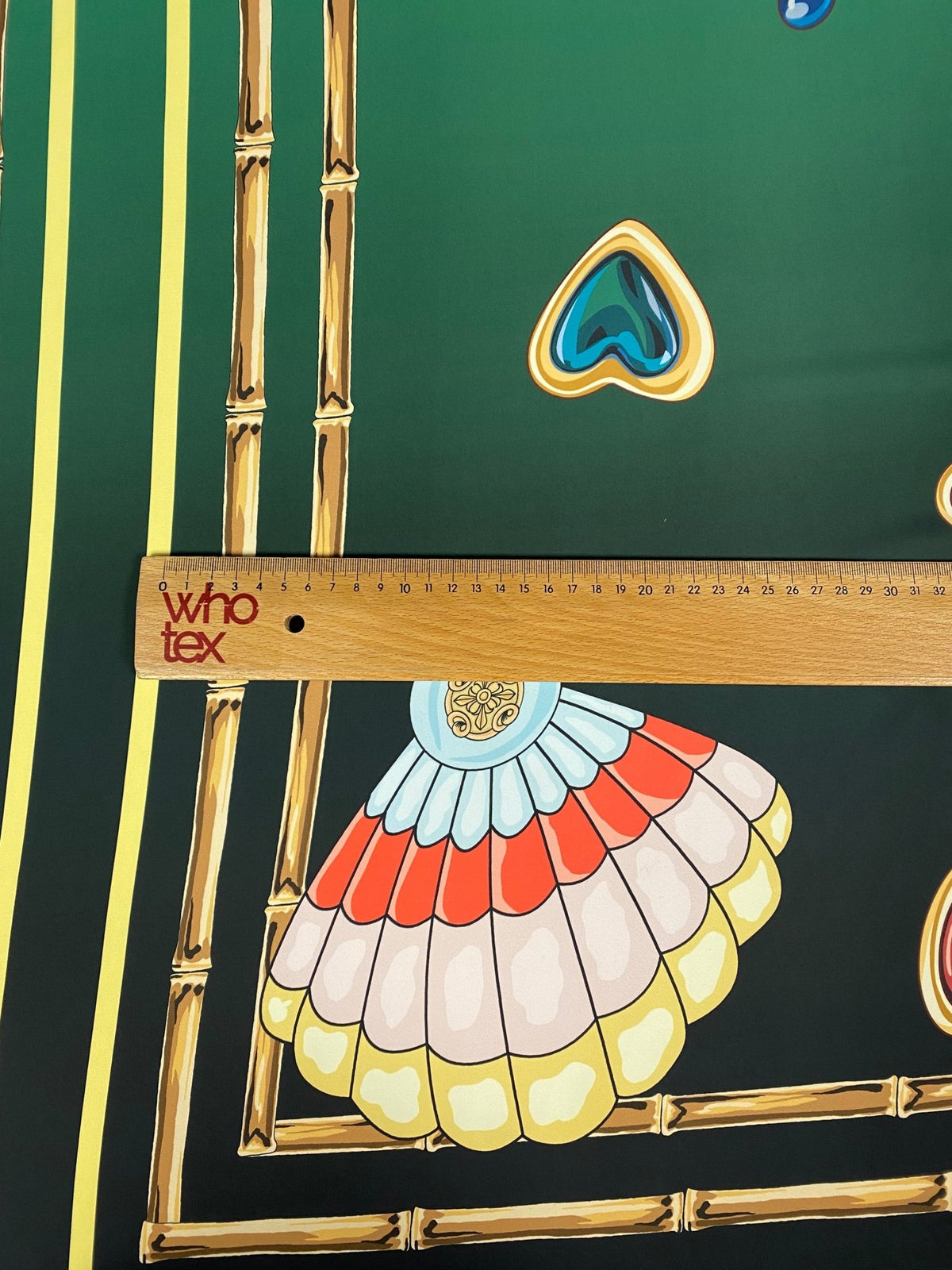 Jewellery Print Crepe Fabric by the Metre – Emerald Green Gold Motifs - Whotex Online Fabric Store