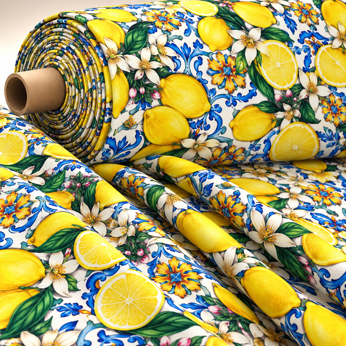 Lemon Blue Spanish Pattern Fabric by Metre - Whotex Fabrics London