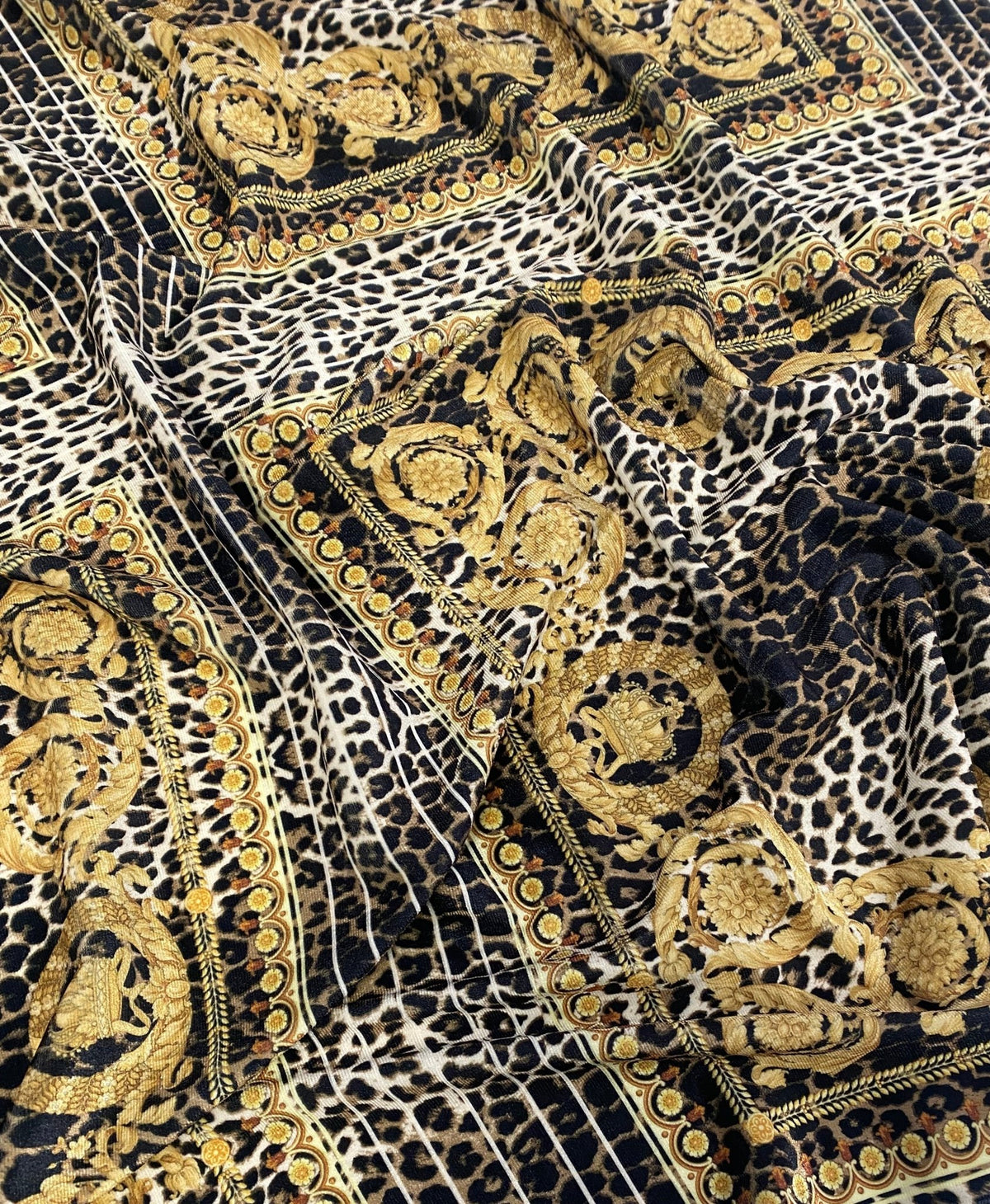 Leopard Gold Baroque Stretch Velvet Fabric - Whotex Fabrics London