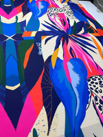Colorful leopard and tropical pattern fabric with vibrant blue, pink, orange, and green leaves and animal prints, 150cm width