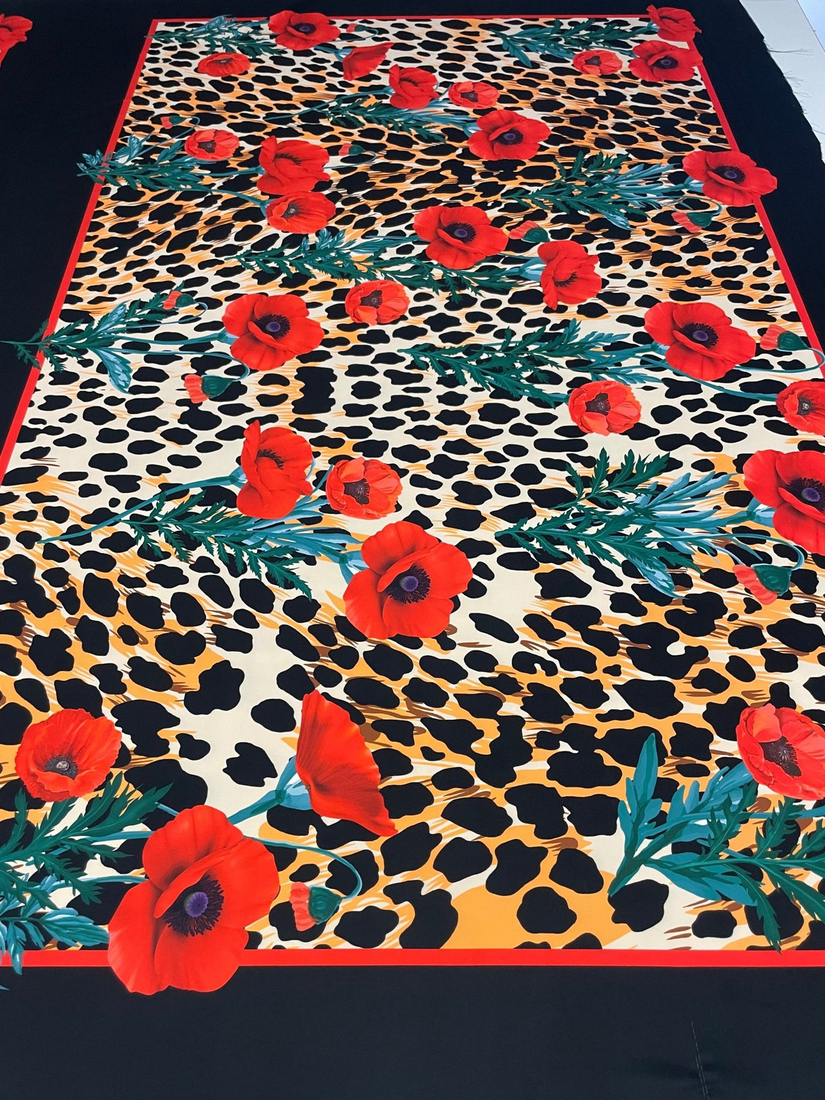 Leopard & Red Poppy Crepe Fabric by the Metre – Bold Design - Whotex Fabrics London