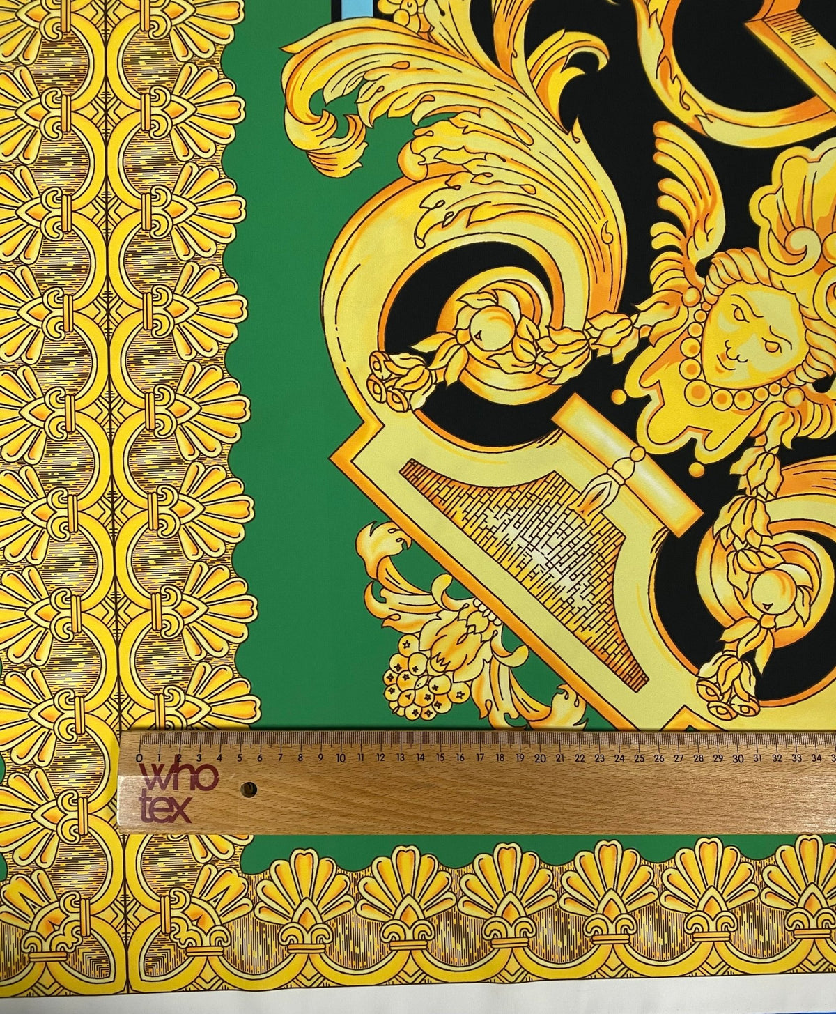 Luxury Baroque Crepe Fabric by the Metre – Black Gold & Green Ornate - Whotex Online Fabric Store
