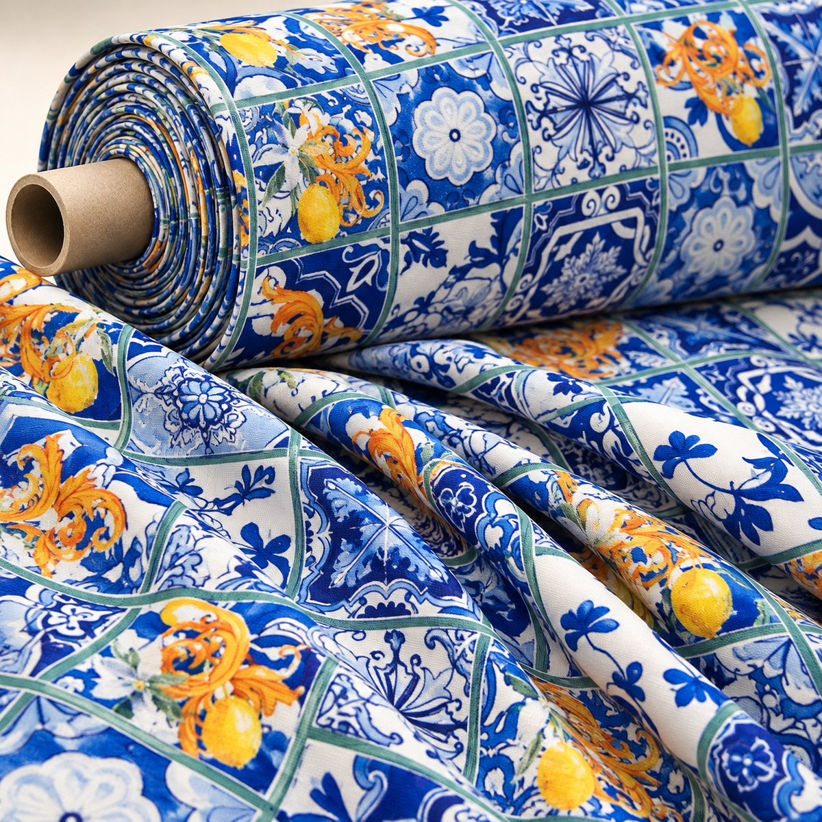 Majolica Lemons Luxury Fabric by the Metre - Whotex Fabrics London
