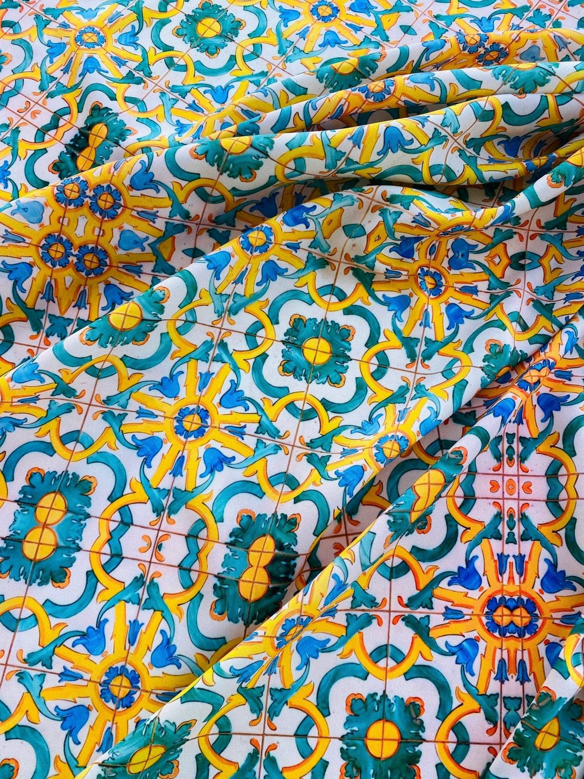 Yellow, blue, and green Mediterranean tile pattern fabric with intricate design and vibrant colors, fabric width 150cm