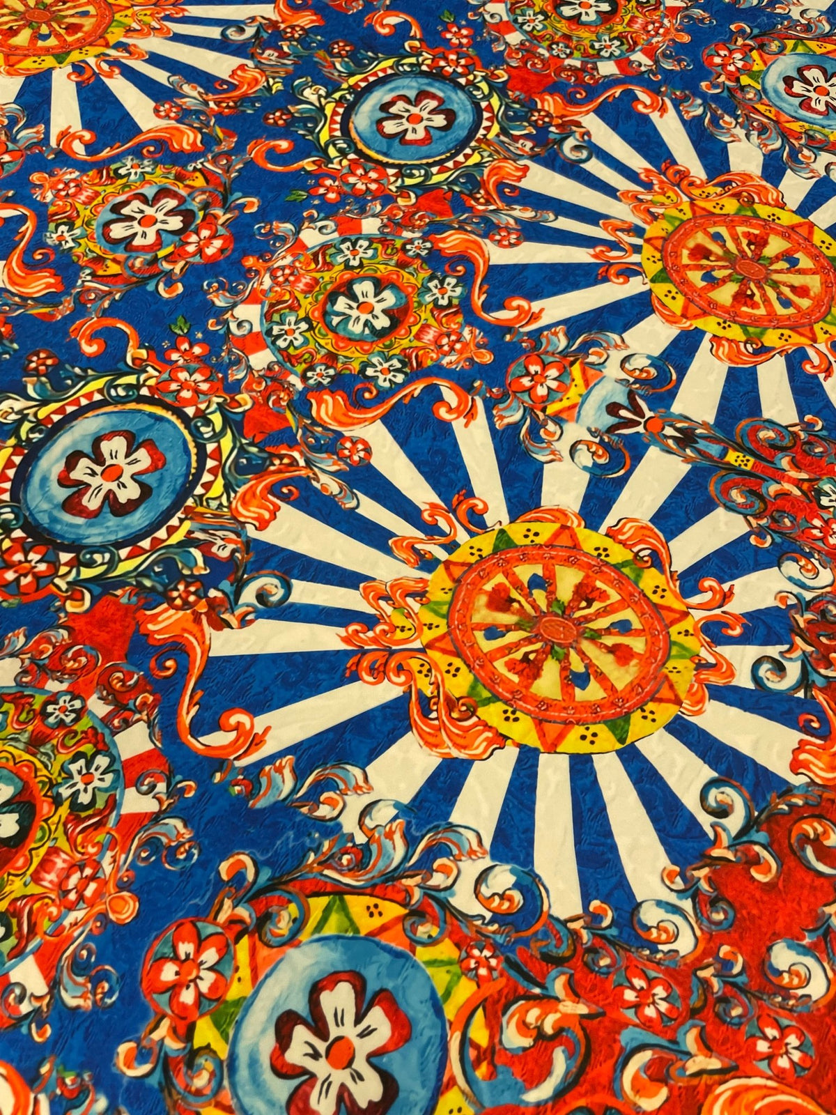 Mediterranean Carnival Print Crepe Fabric by the Metre – Vibrant Style - Whotex Online Fabric Store