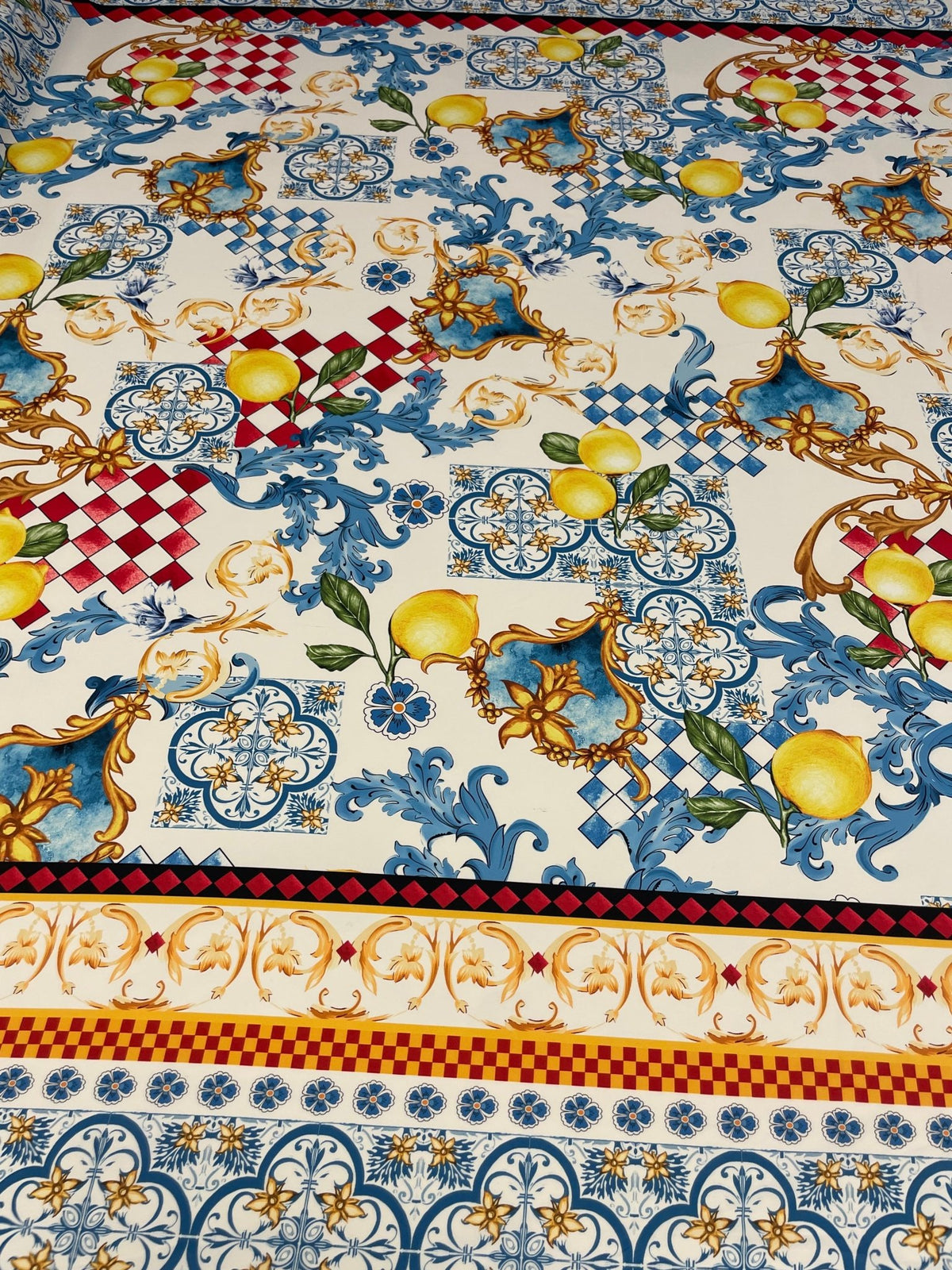 Mediterranean Lemon & Tile Print Crepe Fabric by the Metre – Dressmaking - Whotex Online Fabric Store