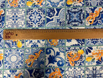 Mediterranean Tile & Lemon Print Chiffon Satin Fabric by the Metre - Whotex Online Fabric Store
