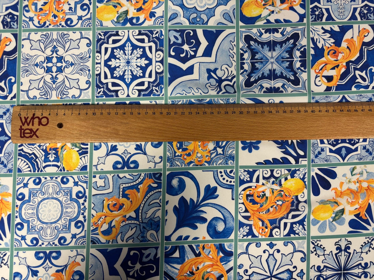 Mediterranean Tile & Lemon Print Chiffon Satin Fabric by the Metre - Whotex Online Fabric Store