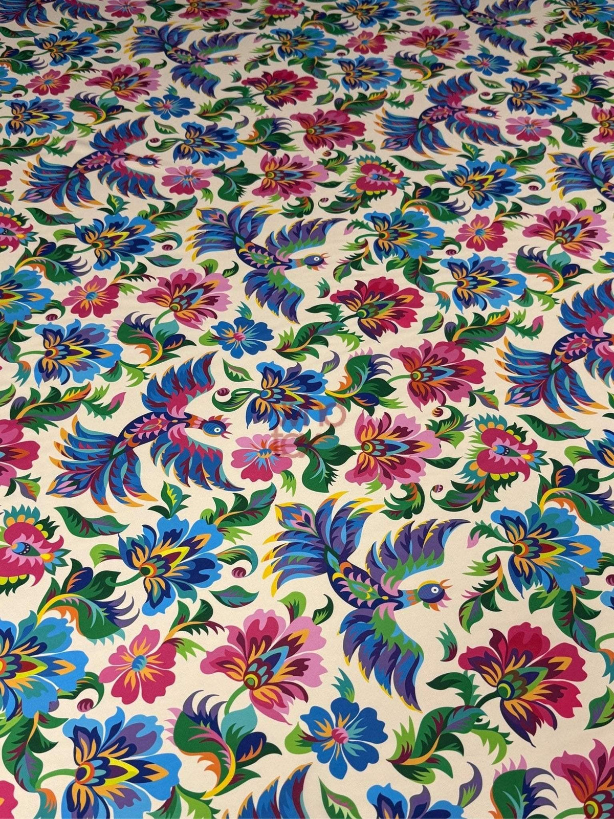 Vibrant Otomi Bird Fabric with colorful Mexican flowers and traditional Otomi design on white background