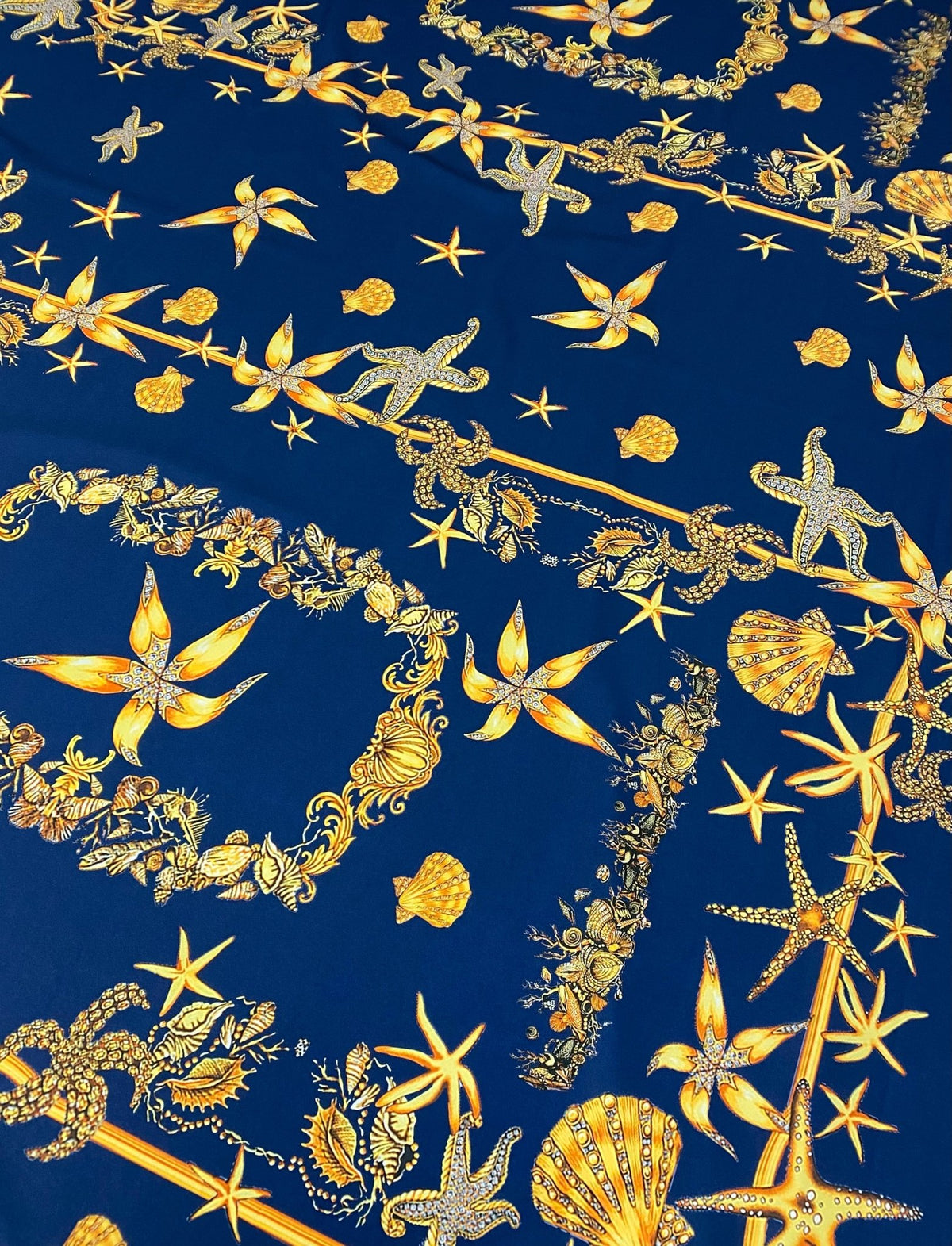 Navy Blue Sea Shell Pattern Luxury Fabric – Custom Printed Fabric, Choose Material by Metre - Whotex Fabrics London