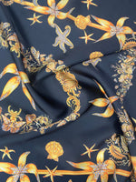 Navy Chiffon Satin Fabric with Starfish & Seashell Print - Whotex Fabrics London