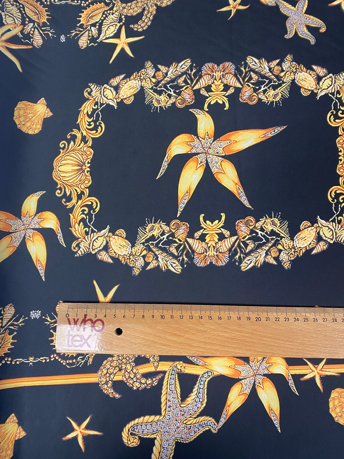 Navy Chiffon Satin Fabric with Starfish & Seashell Print - Whotex Fabrics London