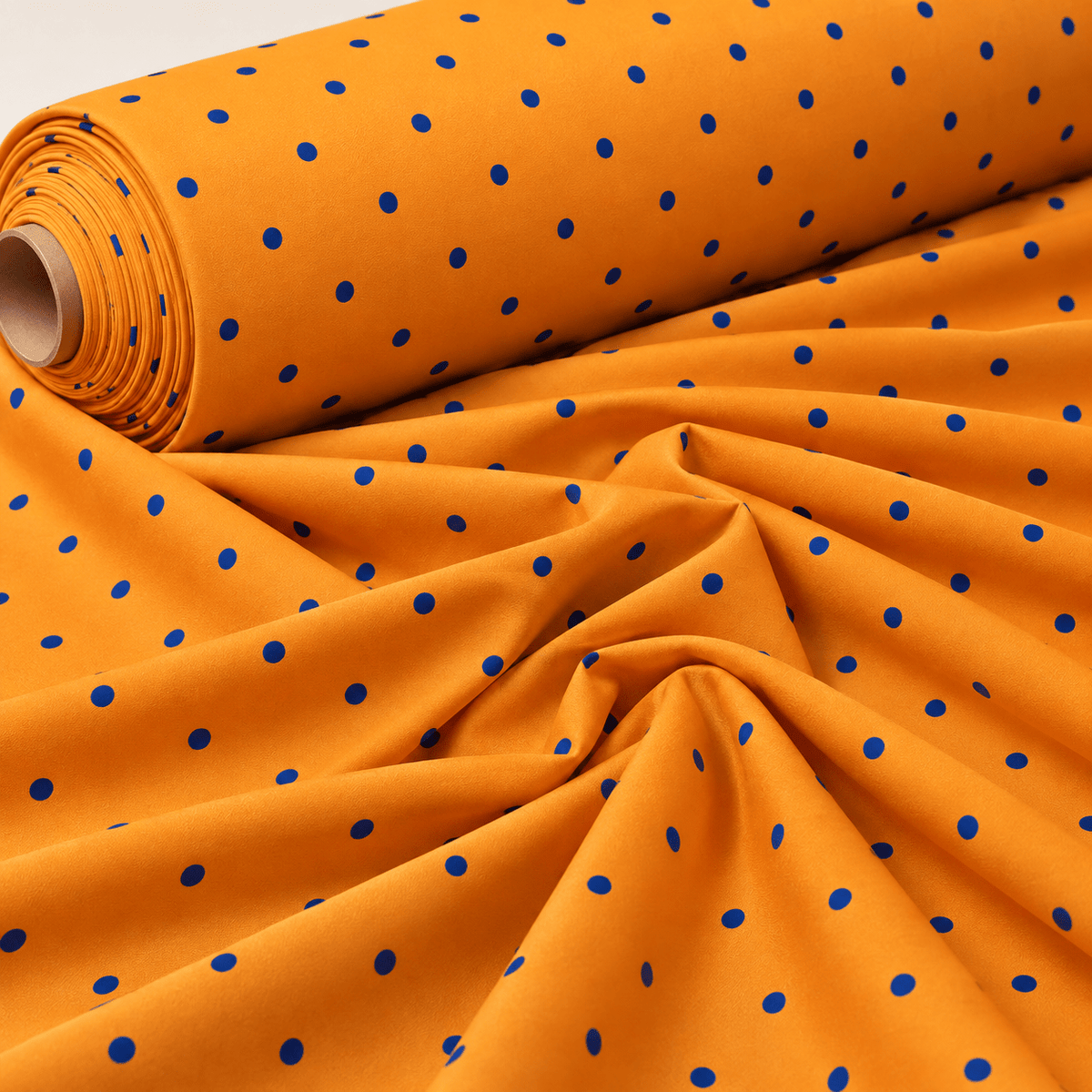 Orange with Royal Blue Polka Dot Satin Fabric by the Metre - Whotex Fabrics London