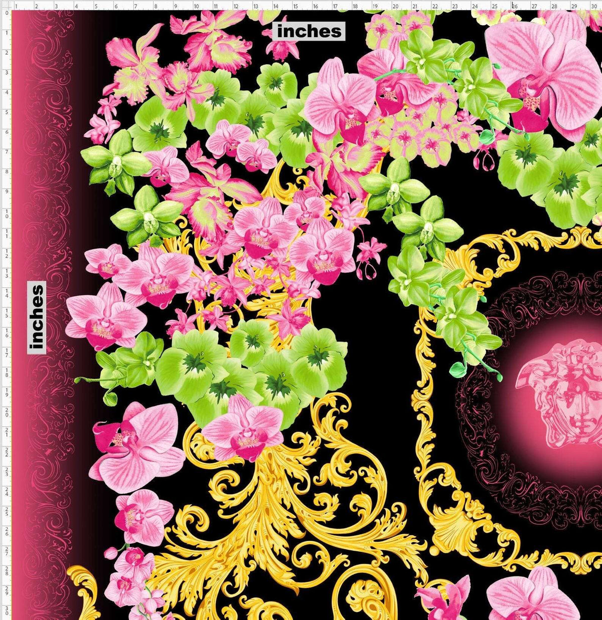 orchid floral swirl print fabric with pink and green flowers and golden decorative swirls on black background