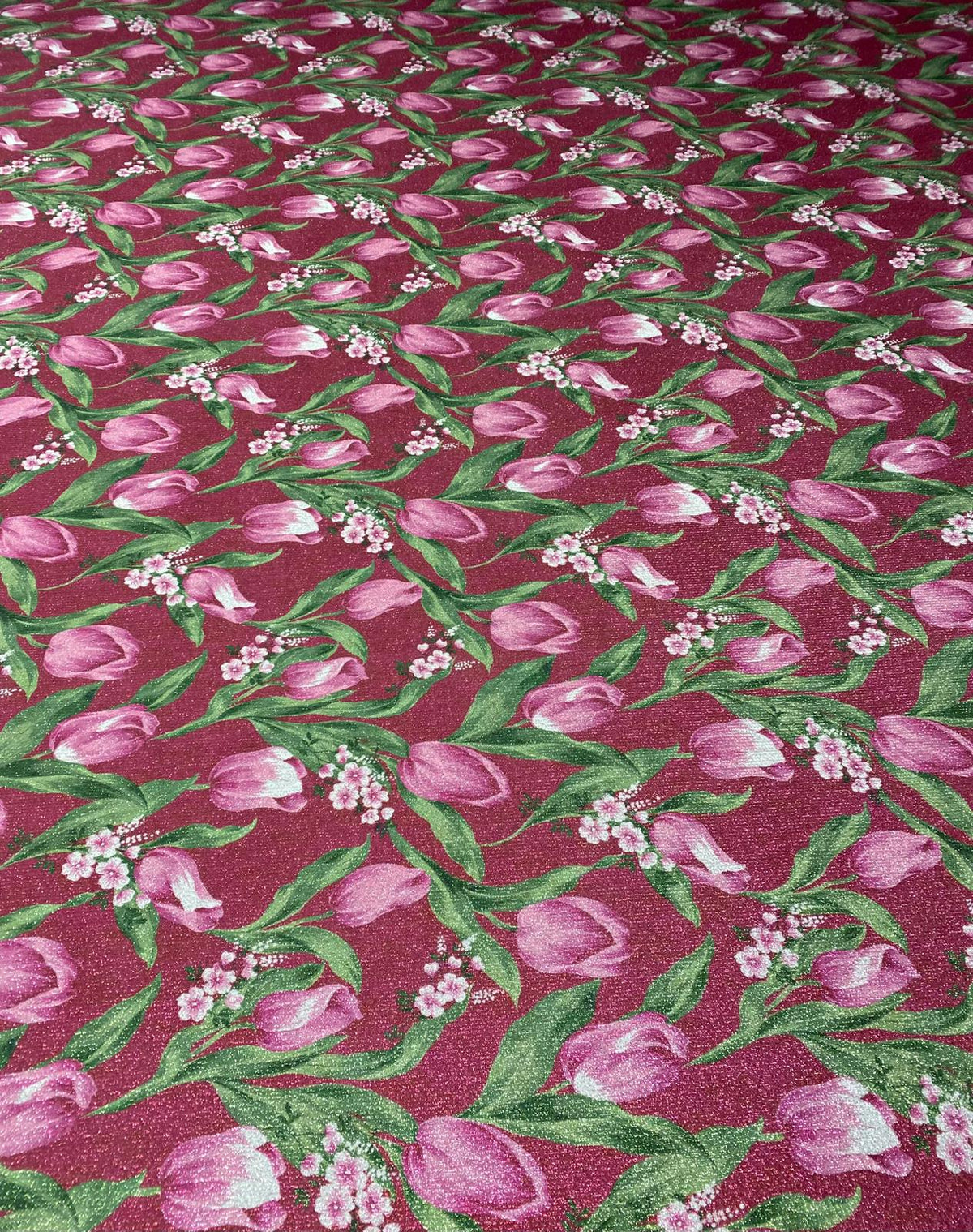 Pink Tulip Floral Lurex Fabric by the Metre - Whotex Fabrics London