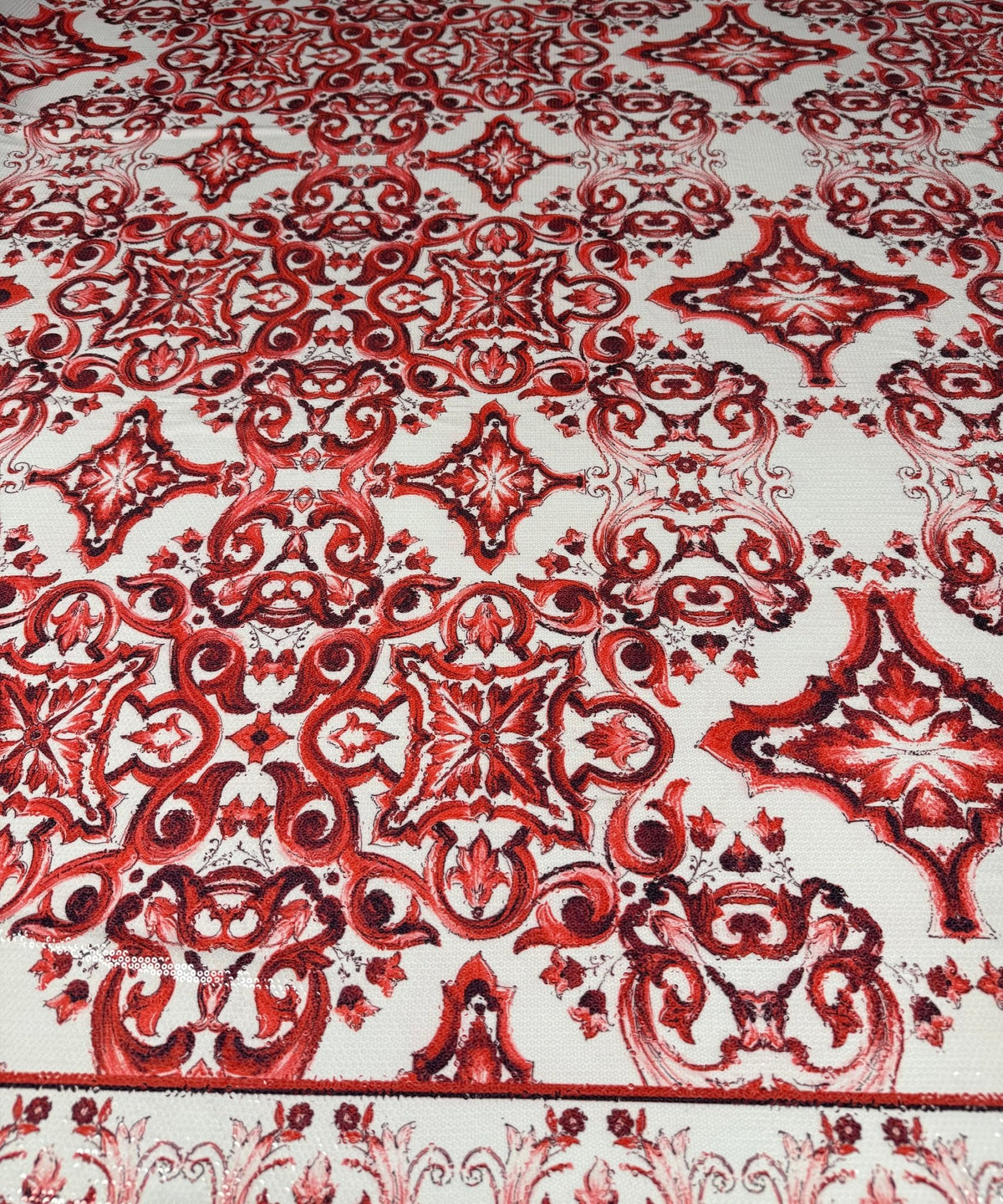 Red Baroque Sequin Fabric for Occasion Wear - Whotex Fabrics London