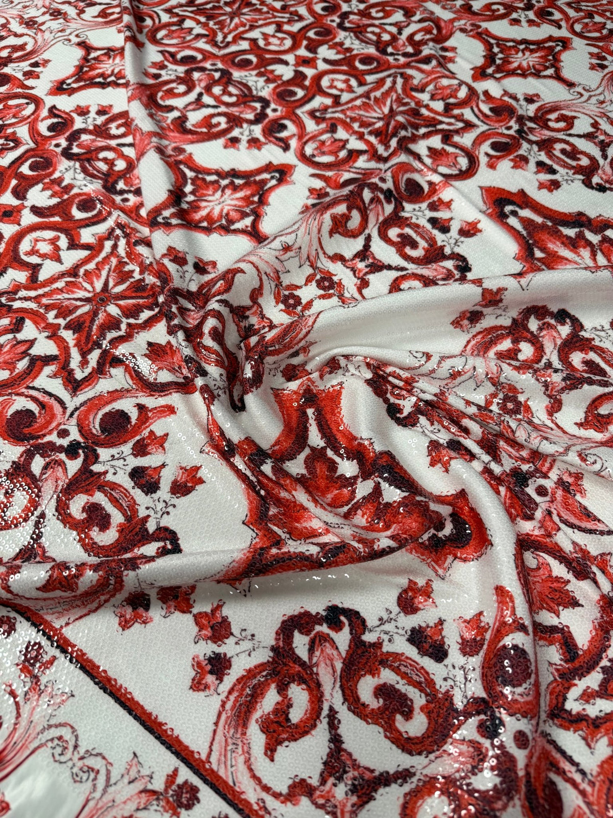 Red Baroque Sequin Fabric for Occasion Wear - Whotex Fabrics London