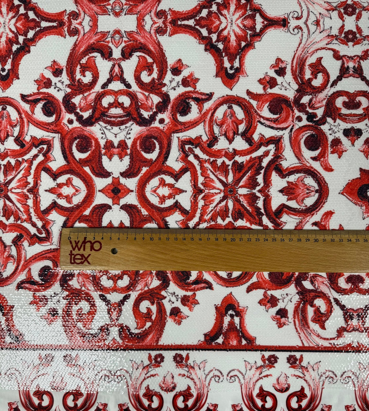 Red Baroque Sequin Fabric for Occasion Wear - Whotex Fabrics London