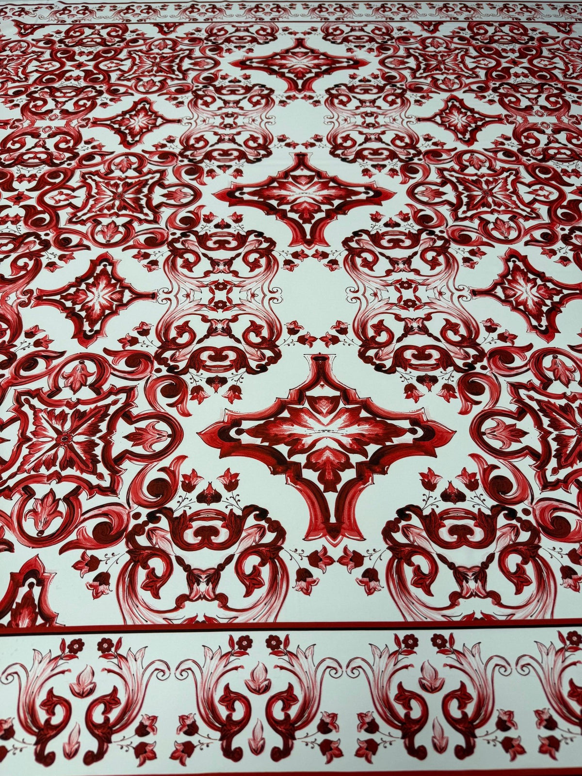 Red Baroque Tile Print Crepe Fabric by the Metre - Whotex Fabrics London