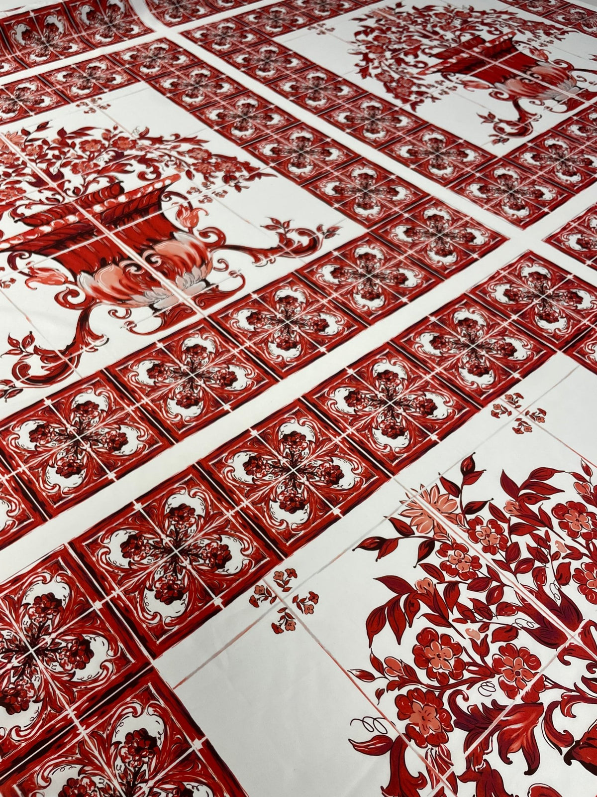 Red Floral Tile Crepe Fabric by the Metre – Elegant Design - Whotex Fabrics London