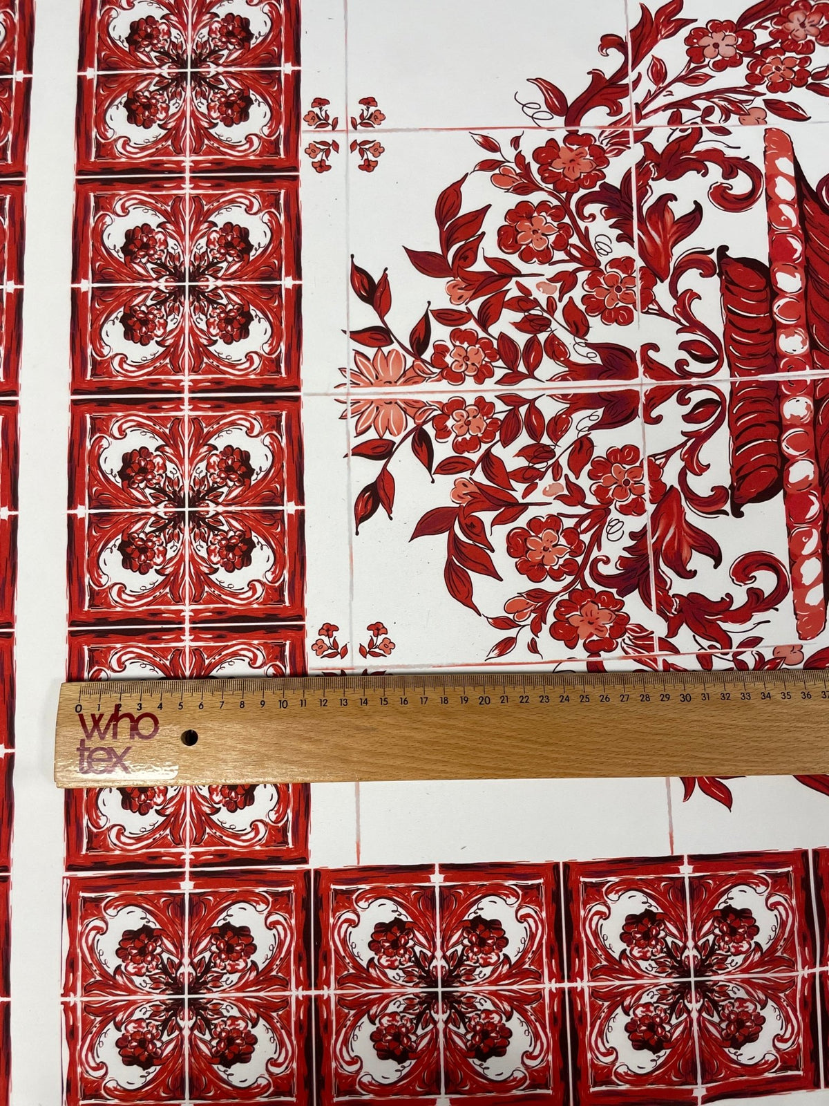 Red Floral Tile Crepe Fabric by the Metre – Elegant Design - Whotex Fabrics London