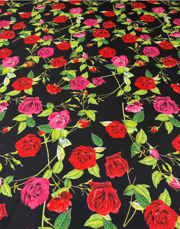 Red & Pink Rose Crepe Fabric by the Metre - Whotex Fabrics London