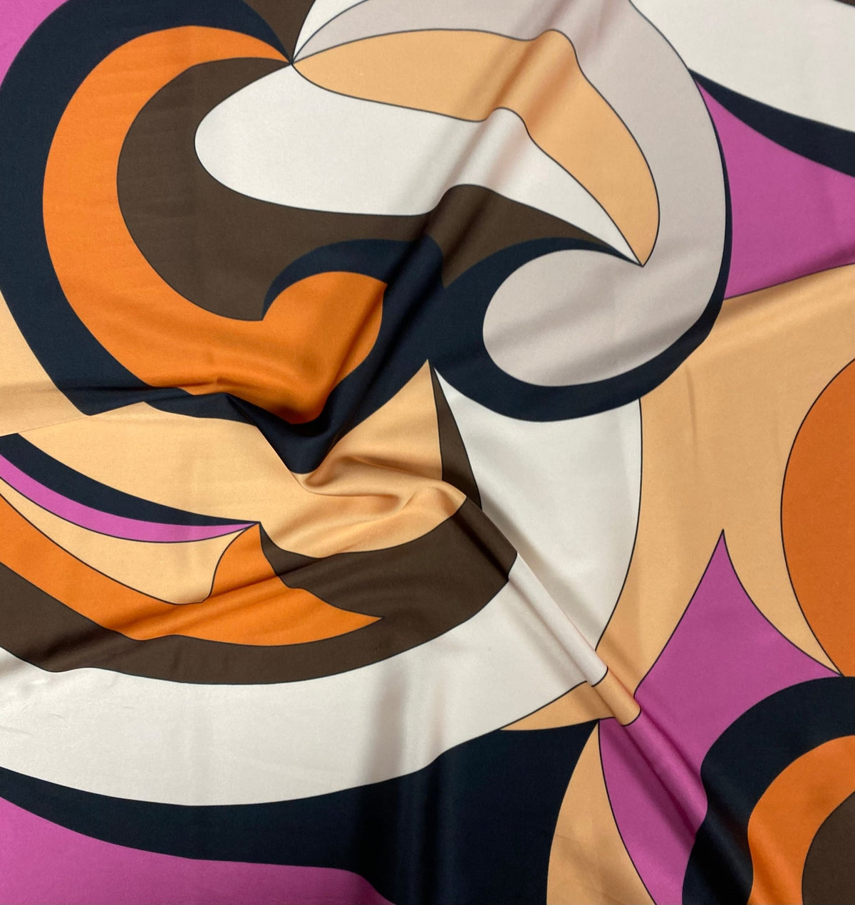 Retro Swirl Fabric – Orange Brown Abstract 70s Print by the Metre - Whotex Fabrics London