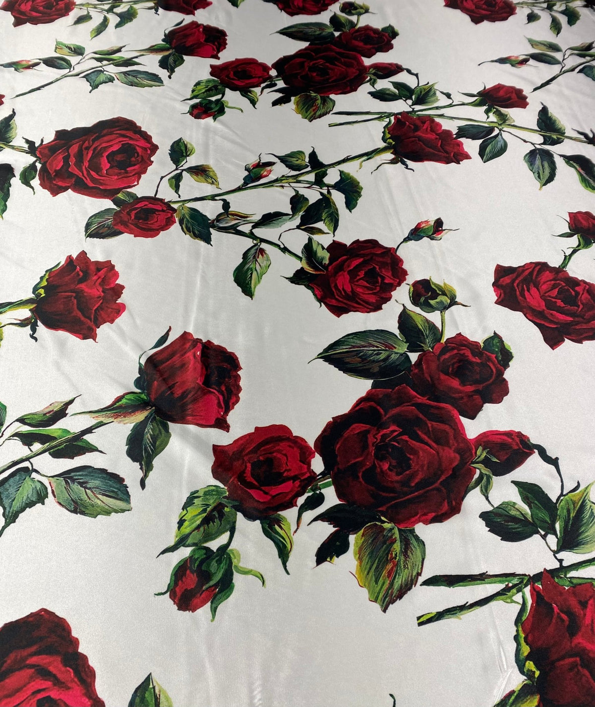 Rose Print Lycra Satin Fabric by the Metre - Whotex Fabrics London