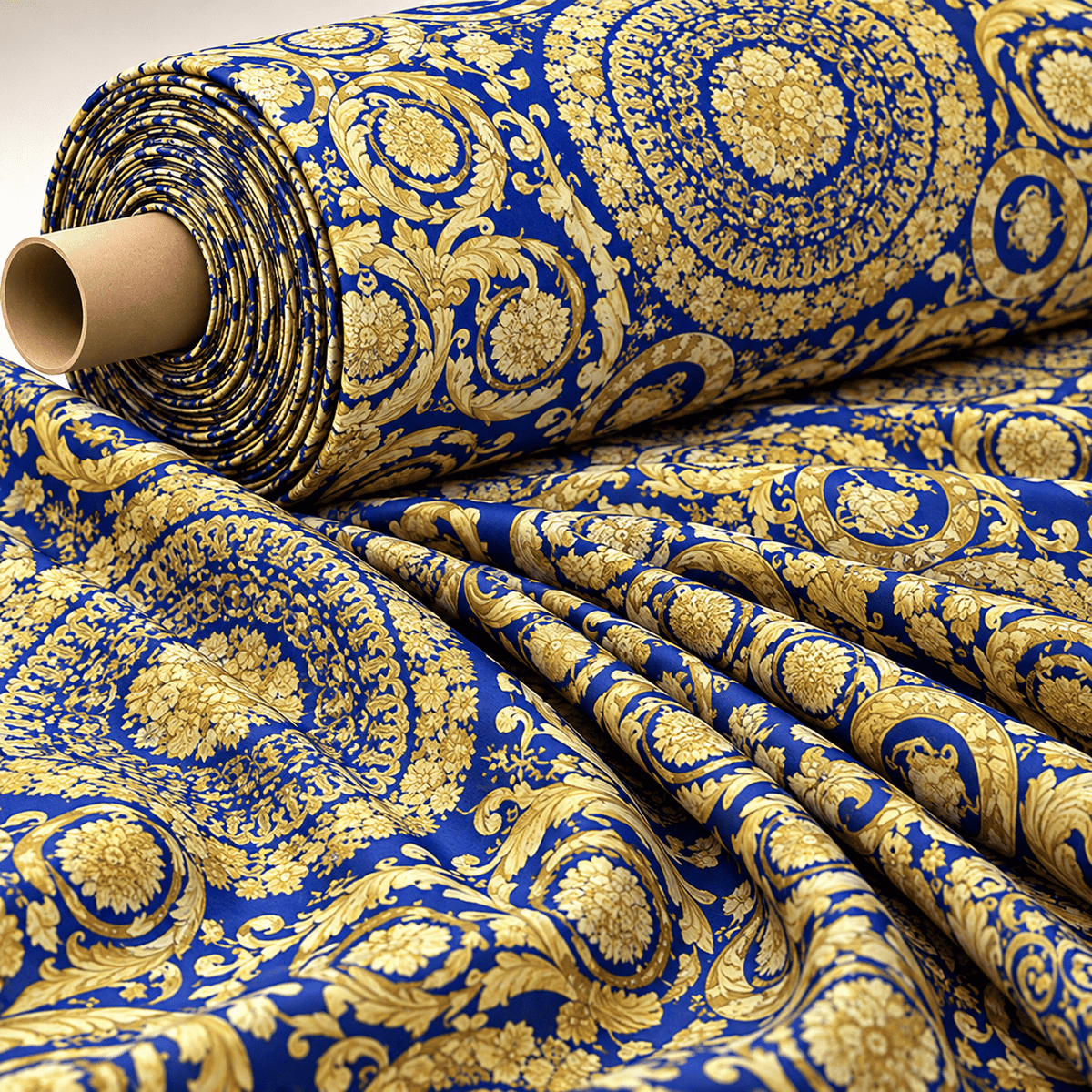 Royal Blue Baroque Poly Linen Fabric by the Metre - Whotex Fabrics London