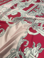 Pink vintage baroque fabric with intricate cherub pattern and ornate detailing