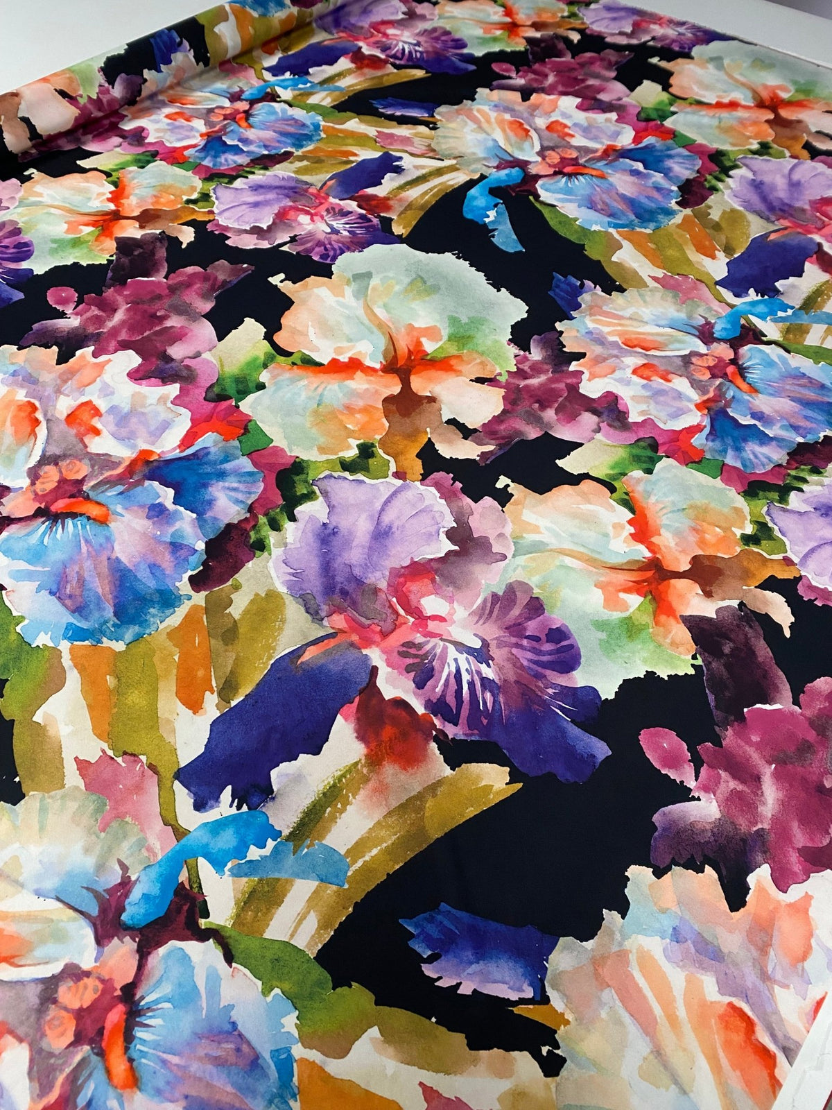 Watercolour Floral Crepe Fabric by the Metre – Black with Colourful Flowers - Whotex Online Fabric Store