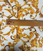 White and Gold Baroque Print Fabric – Available in Satin, Crepe, Spandex & Chiffon | By Metre - Whotex Fabrics London