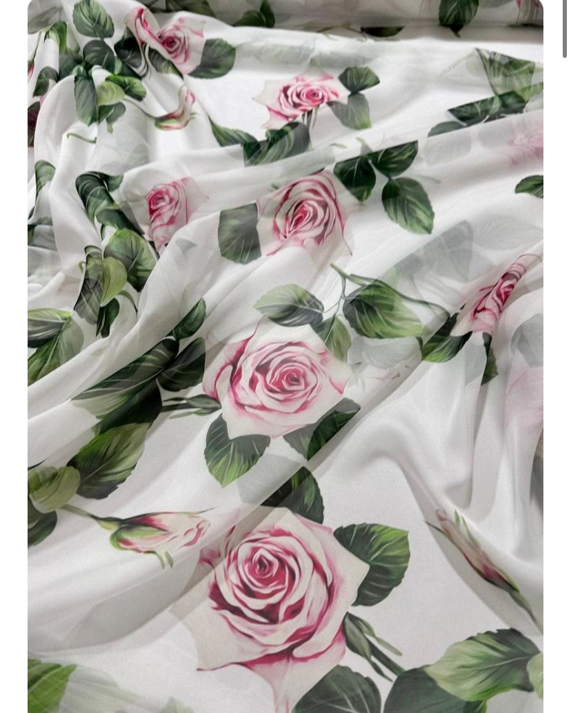 White Chiffon Fabric with Pink Rose Print – Flowing & Soft - Whotex Fabrics London