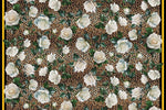 Floral and cheetah pattern fabric with white roses and green leaves on a cheetah print background, 150cm wide, soft and durable material for sewing projects.
